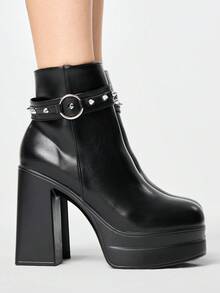 ROMWE Grunge Punk Women's Autumn/Winter Punk-Style Retro Chunky Heel Platform Ankle Boots, Gothic Solid Color Leather Side Zip Closure With Metal Buckle Strap. - Black - View 5