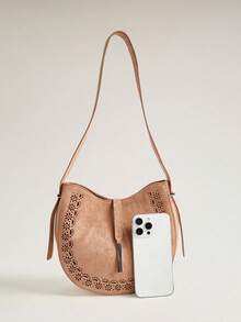 Wovira Women's Shoulder Bag, Crescent Moon Bag, Saddle Bag. Handmade Sense, Urban Fashion, Old Money Style, Hollow Flower Pattern, Large Capacity - Brown - View 4