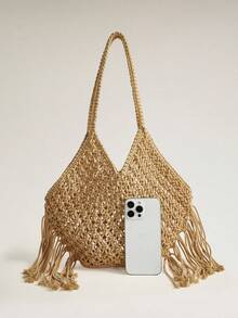 Wovira 1 Piece Retro Tassel Hand-Woven Tote Bag, Urban Fashion Old Money Wind Hollow Cotton Rope Mesh Bag, Shoulder Bag, Large Capacity Suitable For Daily - coffee color - View 4