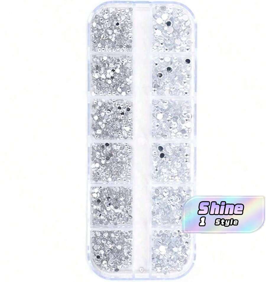 12 Grid Nail Art Box Set, Silver Rhinestone Patch Strip Box Accessory Set - Silver - View 1