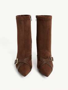 CUCCOO CHICEST Autumn And Winter Pointed Suede Square Buckle Thin Heel Temperament Commuter High Heel Short Boots - Brown - View 3
