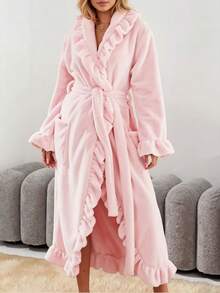 Cirelle Women's Plush Ruffle Trim Fleece Bathrobe, Soft Warm Long Plush Robe With Belt, Elegant Light Pink Loungewear - Multicolor - View 7