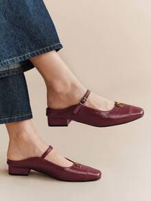 Rosivie French Splicing Square Toe With Closed Toe Slippers Backless Elegant Simple And Comfortable Sandals Square Toe Low Vamp Commuting - Burgundy - View 5