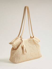Wovira Ladies Tote Bag, Hand-Woven, Woven Bag, Retro Style, Old Money Style, Large Capacity, Suitable For Daily Commuting And Shopping - Apricot - View 2