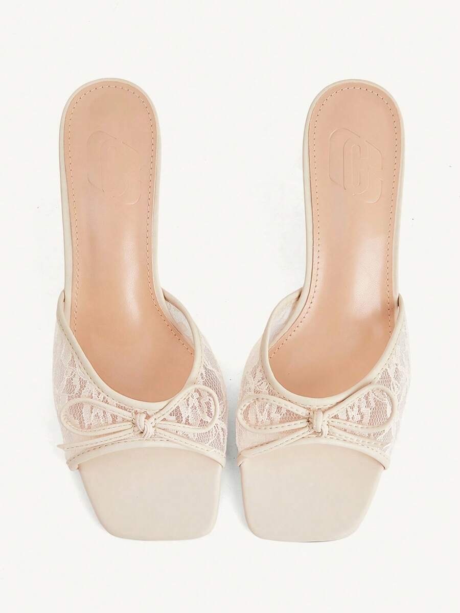 CUCCOO CHICEST Women's Fashion Sexy Square Toe Embroidered Thread Lace Mesh Fabric Bow Slippers, Medium And High Heels Lacquered Thick And Straight Heels. Light And - Apricot - View 1