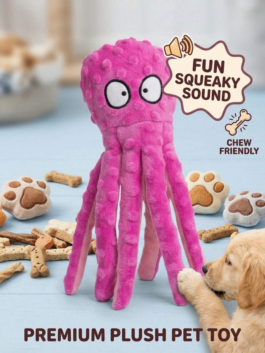 PETSIN Plush Octopus Dog Toy With Squeaker, Interactive Squeaky Chew Toy For Medium & Large Dogs, Durable Bite Resistant Pet Toy For Indoor & Outdoor Play, Soft Stuffed Puppy Toy For Boredom Relief & Fun - Purple foamed big-headed octopus - View 1
