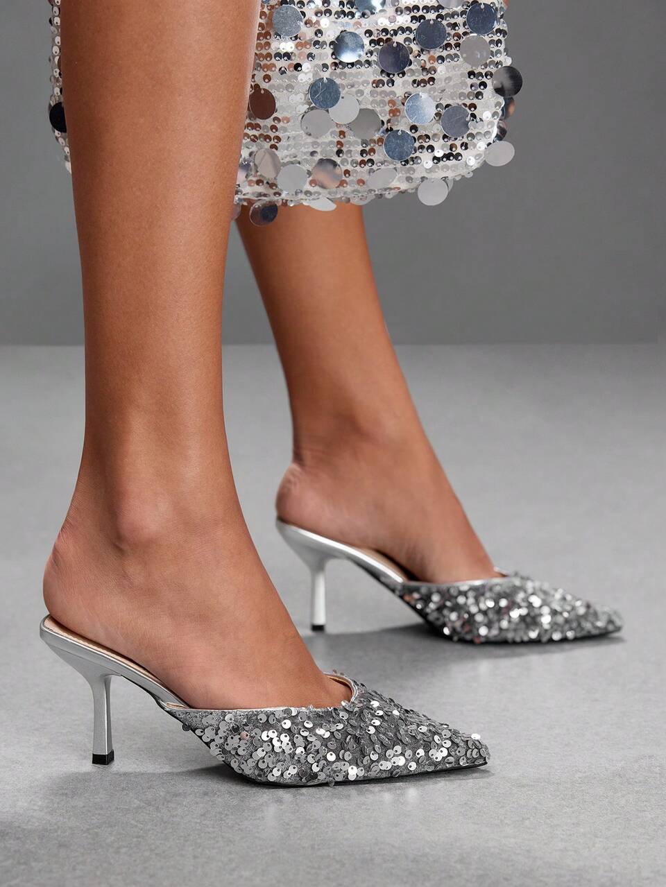 CUCCOO SZL Ladies' Sequined Pointed High Heels Without Heels, Slip-On On, Light Luxury Banquet Vacation Versatile High-Heeled Shoes