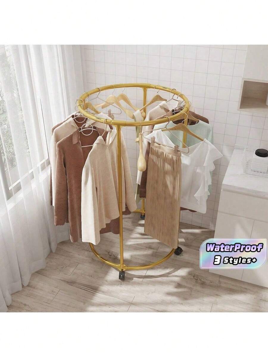 Rotating Clothes Rack With Wheels, Round Garment Storage Organizer, Clothing Display Stand For Boutique, Indoor Balcony Outdoor Hanging Clothes Drying Rack - one size fits all - View 1