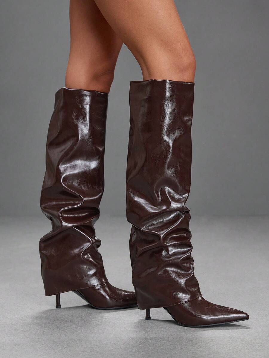 CUCCOO SZL Sepatu Bot Wanita Bertumit Tinggi Ujung Lancip Cokelat dengan Desain Niche Musim Gugur dan Musim Dingin, Setinggi Lutut dengan Penutup Tipis - Coklat - View 1