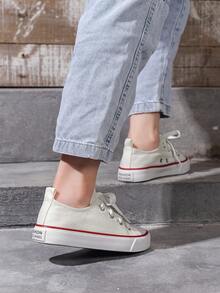 SHEIN Spring And Autumn Breathable Comfortable Children's Canvas Shoes Lace-Up Comfortable Casual Boys And Girls Student Shoes - White - View 5
