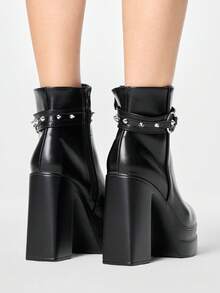 ROMWE Grunge Punk Women's Autumn/Winter Punk-Style Retro Chunky Heel Platform Ankle Boots, Gothic Solid Color Leather Side Zip Closure With Metal Buckle Strap. - Black - View 6