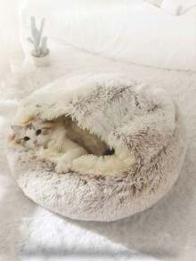 PETSIN 1pc Plush Round Pet Bed, Fluffy Soft Cat Bed, Donut Pet Cushion, Winter 2 In 1 Cat Bed, Warm Sleeping Bag Sofa Cushion - Coffee Brown - View 9
