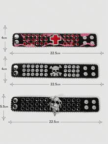 MortiRose 1 Piece Rivet Skull Wide Leather Bracelet, Halloween, Halloween Accessories/Gothic/Dark/Black - Multicolor - View 18