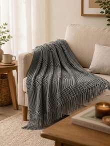 Cirelle Dark Grey Knit Throw Blanket With Tassels For Couch Sofa Bed - Soft Cozy Textured Cable Knitted Decorative Throw Blankets - Grey - View 1
