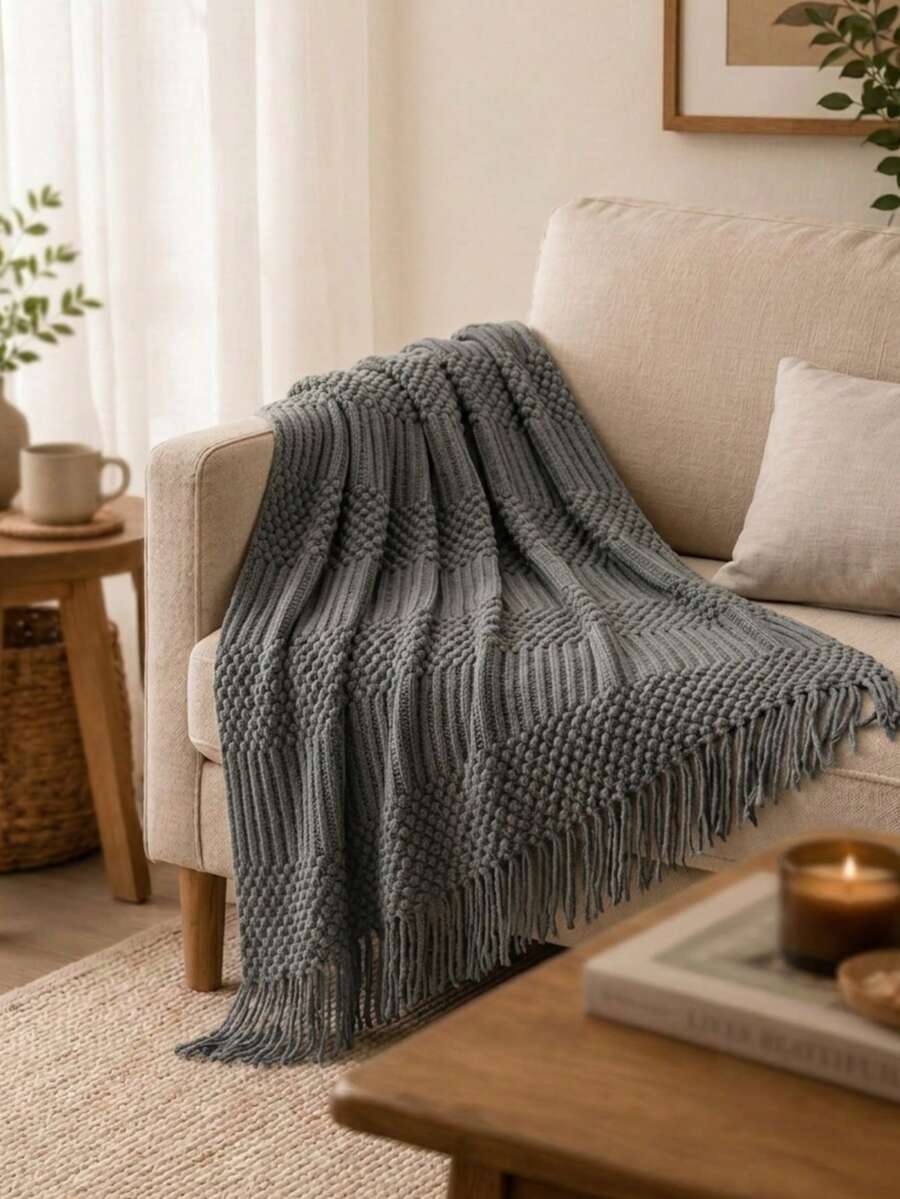 Cirelle Dark Grey Knit Throw Blanket With Tassels For Couch Sofa Bed - Soft Cozy Textured Cable Knitted Decorative Throw Blankets - Grey - View 1