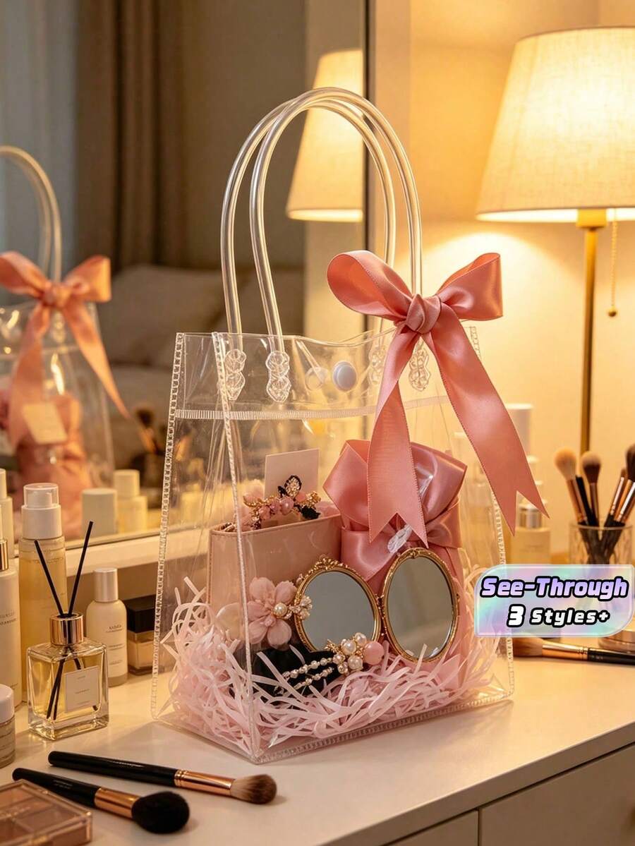 20Pcs Large Transparent Gift Bags With Handles Thickened Reusable PVC Tote Bags Durable Clear Shopping Bags For Wedding Birthday Party Favor Candy Goodie Supplies - Transparent - View 1
