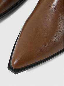 Daringsoles 女款美式復古百褶疊層高筒靴，飾邊金屬鉚釘，踝部鉚釘扣環設計，軟皮尖頭粗跟細款百搭女鞋 - 棕色5 - 查看 4