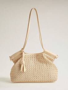 Wovira Ladies Tote Bag, Hand-Woven, Woven Bag, Retro Style, Old Money Style, Large Capacity, Suitable For Daily Commuting And Shopping - Apricot - View 3