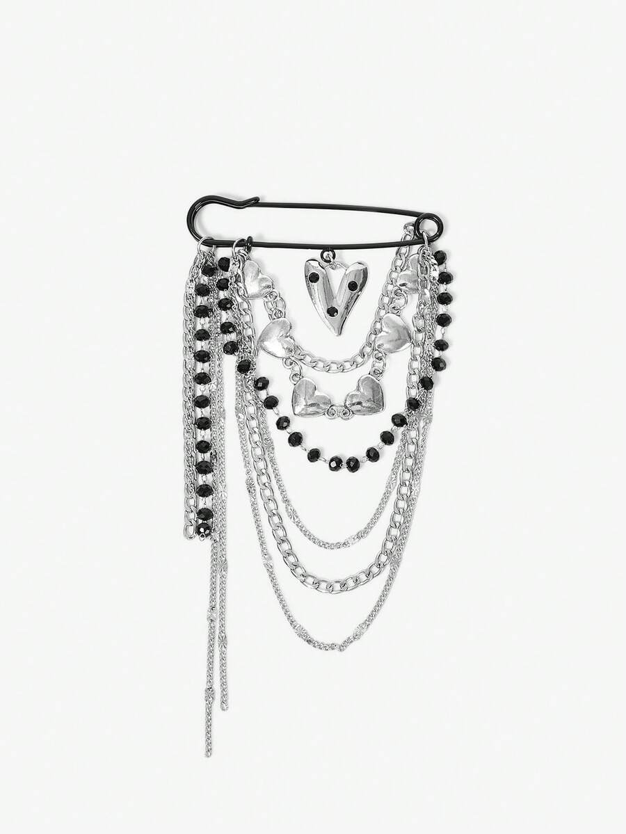 Viva Strut Bag Pendant, Sweet And Cool, Spice Girl Y2K Style, Multi-Layer Tassel, Chain, Brooch, Silver Heart, Black Faux Pearl Pin Personalized, Pendant. - Silver - View 1