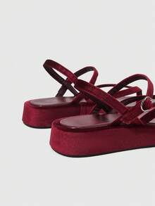 HighSole 簡約露趾休閒風厚底涼鞋，適合旅行與度假日常穿著 - 韓國絨酒紅色 - 查看 9