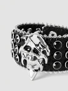 MortiRose 1 Piece Rivet Skull Wide Leather Bracelet, Halloween, Halloween Accessories/Gothic/Dark/Black - Multicolor - View 17