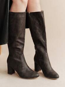 Rosivie 女款側拉鍊修身尖頭高跟長靴 黑色過膝靴 氣質通勤風 職場約會百搭時尚靴 - 卡其色 - 查看 6