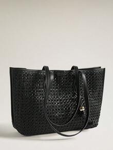 Wovira Women's Fashion Black Tote Bag, Delicately Woven Large-Capacity Shoulder Bag For Daily Use, Commuting, Vacation, Travel - Black - View 6