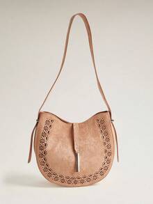 Wovira Women's Shoulder Bag, Crescent Moon Bag, Saddle Bag. Handmade Sense, Urban Fashion, Old Money Style, Hollow Flower Pattern, Large Capacity - Brown - View 1