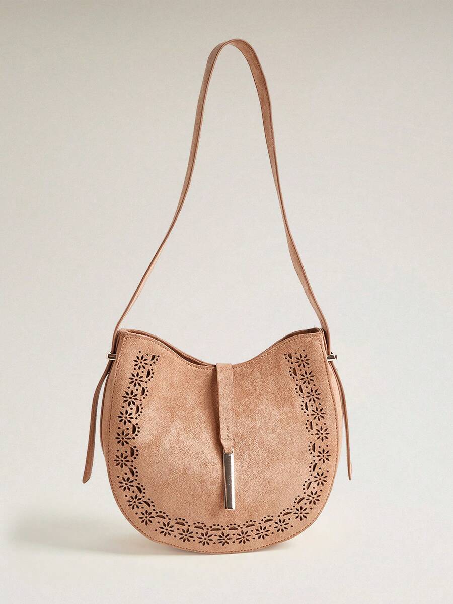 Wovira Women's Shoulder Bag, Crescent Moon Bag, Saddle Bag. Handmade Sense, Urban Fashion, Old Money Style, Hollow Flower Pattern, Large Capacity - Brown - View 1