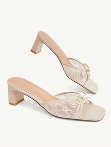 CUCCOO CHICEST Women's Fashion Sexy Square Toe Embroidered Thread Lace Mesh Fabric Bow Slippers, Medium And High Heels Lacquered Thick And Straight Heels. Light And - Apricot - View 11