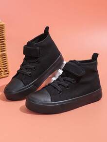 SHEIN Spring And Autumn Breathable And Comfortable Children's Canvas Shoes Solid Color Comfortable Casual Boys And Girls Student Shoes Middle Help Daily Wea - Black - View 1