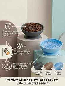 PETSIN 1 Buah Mangkuk Makan Lambat Silikon dengan Alas Hisap / Silikon Fleksibel Warna Netral Polos dengan Tekstur Timbul Berbentuk Ikan Kecil, Badan Mangkuk Melengkung Dalam, Bagian Bawah dengan Cangkir Hisap Terintegrasi yang Kuat - standar - View 4
