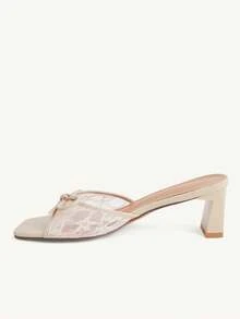 CUCCOO CHICEST Women's Fashion Sexy Square Toe Embroidered Thread Lace Mesh Fabric Bow Slippers, Medium And High Heels Lacquered Thick And Straight Heels. Light And - Apricot - View 13