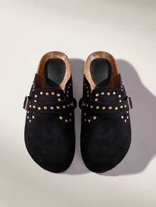 Solecia Metal Buckle Rivet Decoration Personalized Retro Half Slippers Travel Vacation - Black - View 5