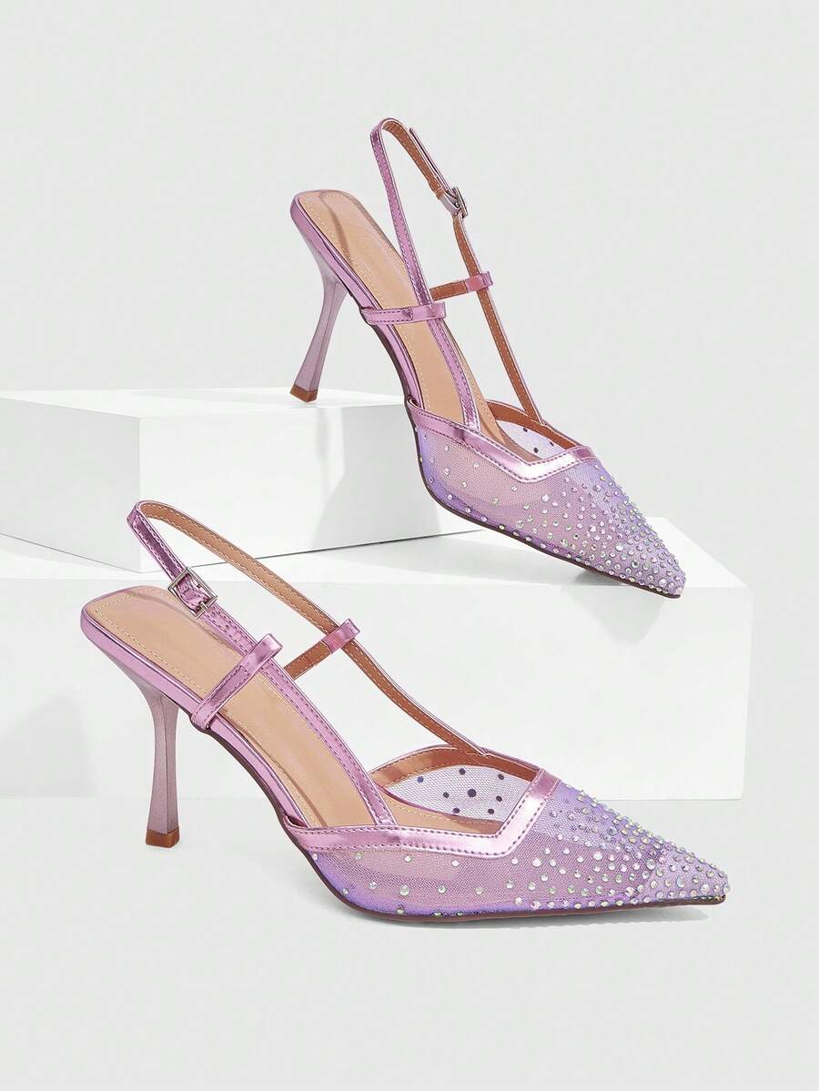 CUCCOO SZL Ladies Pointed Toe Square Vamp Thin High Heel Paint Square High Heel Flat Net Hot Rhinestone Slingback Shoes, Romantic And Sexy. Four Seasons Classic - Light purple - View 1