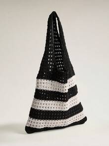 Wovira Women's Shoulder Bag, Multi-Handmade Crochet Bag, Retro Striped Design, Holiday Simple Hollow Women's Portable Shoulder Bag, Large Capacity, Commuting - Black and White - View 2