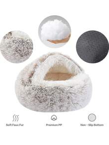 PETSIN 1pc Plush Round Pet Bed, Fluffy Soft Cat Bed, Donut Pet Cushion, Winter 2 In 1 Cat Bed, Warm Sleeping Bag Sofa Cushion - Coffee Brown - View 12