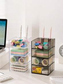 Haus Hana Clear Stackable Desktop Storage Box, Minimalist Stationery & Sundry Organizer For Sticky Notes, Pens, Clips, Cards, Books, Office Supplies, Home Workspace, Desk, Shelf, Bedroom, Daily Organization & Housewarming Gift - Multicolor - View 2