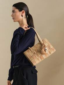 Wovira Women's Tote Bag, Hand-Woven, Velvet Fabric, Woven Bag, Retro Style, Old Money Style, Large Capacity, Suitable For Daily Commuting And Shopping - Apricot - View 9
