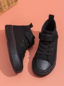 SHEIN Spring And Autumn Breathable And Comfortable Children's Canvas Shoes Solid Color Comfortable Casual Boys And Girls Student Shoes Middle Help Daily Wea - Black - View 2