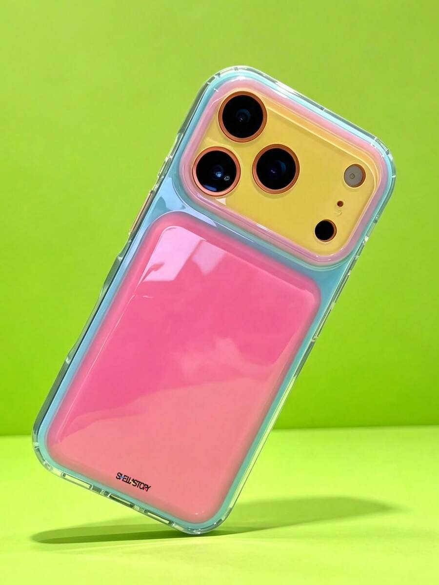 ShellaStory بطانية هاتف أبل 17 Pro Max و16 Pro و15 Pro و14 و13 للنساء بتصميم كوري بسيط Y2K مع كتل لونية ورقعة نافذة كبيرة، بطانية حماية إبداعي مقاوم للصدمات فاخر ومميز - أصفر وردي - مشاهدة 1