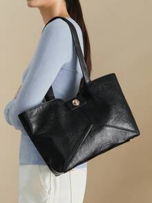 Wovira Women's Tote Bag, Splicing Design, Retro Old Money, Minimalist Style, Urban Fashion, Large Capacity, Suitable For Daily Commuting And Shopping - Black - View 3