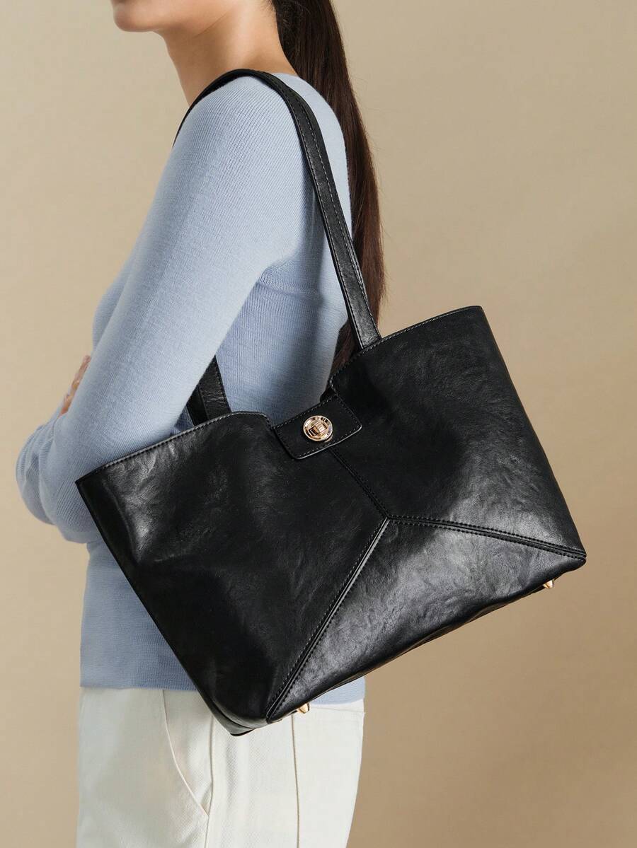 Wovira Women's Tote Bag, Splicing Design, Retro Old Money, Minimalist Style, Urban Fashion, Large Capacity, Suitable For Daily Commuting And Shopping - Black - View 1