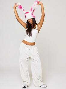 MUSERA Pink And White Faux Fur Bunny Hat Fall Autumn Winter Streetwear  Festival Outfits - Multicolor - View 2