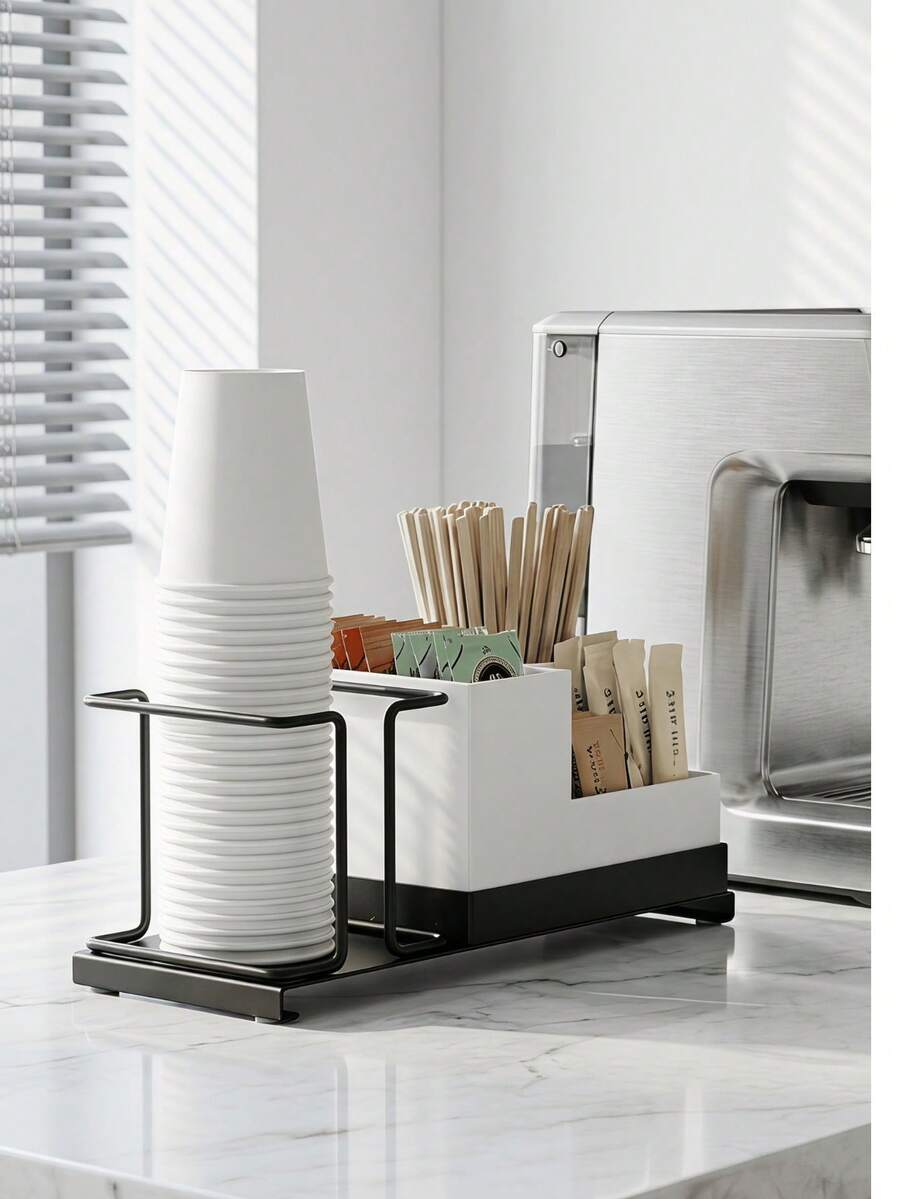 Haus Hana Multi-Functional Coffee Station Organizer, Iron Paper Cup Holder, Disposable Cup Dispenser With Compartments, Modern Countertop Storage Rack For Cups, Lids, Straws, Coffee Pods, Tea Bags, For Home Kitchen, Office, Cafe, Restaurant, Bar, Hotel - Multicolor - View 1