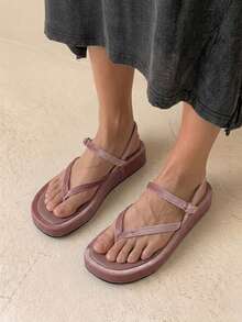 HighSole 簡約露趾休閒風厚底涼鞋，適合旅行與度假日常穿著 - 韓國絨粉 - 查看 3