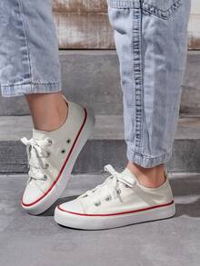 SHEIN Spring And Autumn Breathable Comfortable Children's Canvas Shoes Lace-Up Comfortable Casual Boys And Girls Student Shoes - White - View 3