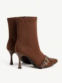 CUCCOO CHICEST Autumn And Winter Pointed Suede Square Buckle Thin Heel Temperament Commuter High Heel Short Boots - Brown - View 5