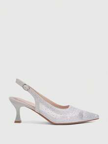 CUCCOO SZL Women's Fashion Pointed Mesh Stitching Rhinestone Summer Fashion Party Party Spread Kitten Heel Empty Kitten Heel High Heels Shoes - Grey - View 2
