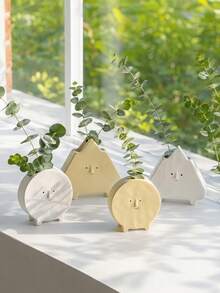 Haus Hana 1PC Small Opening Ceramic Flower Arrangement Vase With Cute Expression, Creative Geometric Shaped Dried Flower Holder, DIY Floral Display Vessel For Living Room Entryway Office Home Daily Use - multicolor - View 1